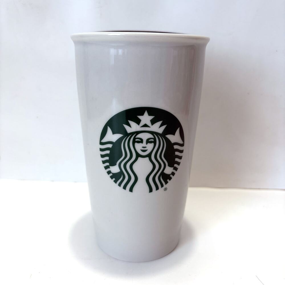 Starbucks White Ceramic Travel Mug 12 oz With Black Lid NWOT Coffee Tumbler 2016